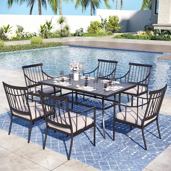 7-Piece Metal Outdoor Dining Set with Rectangle Table and Stylish Chairs with Beige Cushion