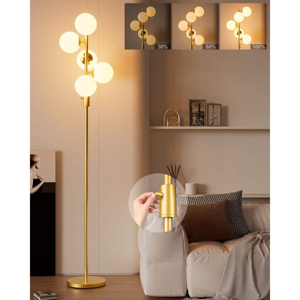 64 in. Gold Globe 5-Lights Dimmable Standard Modern Floor Lamp For Living R