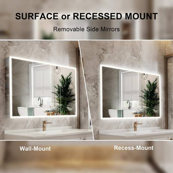 Forclover 48-in x 32-in Lighted LED Fog Free Surface Mount Silver Mirrored Soft Close Medicine Cabinet with Outlet