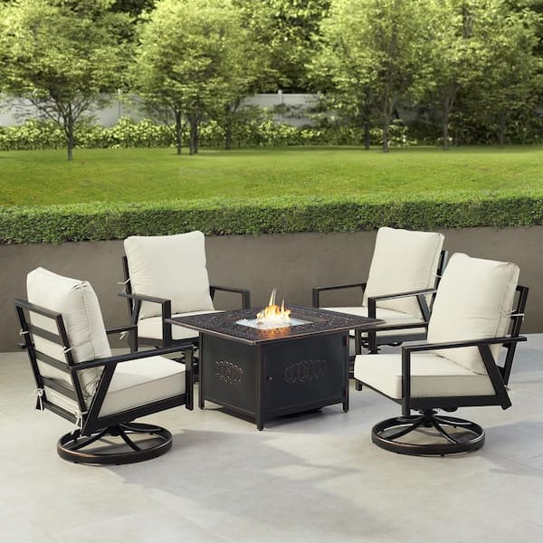 Oakland Living Black 6-Piece Aluminum Patio Fire Pit with 4-Club Chairs Light Grey Cushions