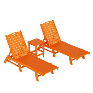 Laguna Orange 3Piece All Weather Fade Proof HDPE Plastic Outdoor Patio Reclining Chaise Lounge Chairs and Side Table Set