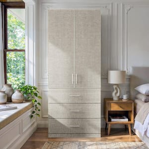 Light Gray Engineered Wood 31.5 in. Wardrobe Armoire with Hanging Rod, Double Doors, 3 Drawers and for Bedroom Storage