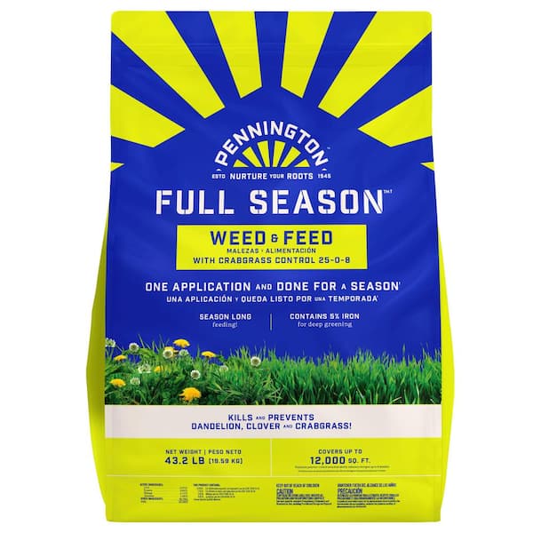 Pennington 43.2 lbs. 12,000 sq. ft. Full Season Weed and Feed Lawn  Fertilizer Granules Plus Crabgrass Control 25-0-8 100550310 - The Home Depot
