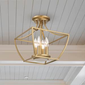 Wethersfield 11 in. 4-Light Vintage Gold Square Cage Semi-Flush Mount Ceiling Light
