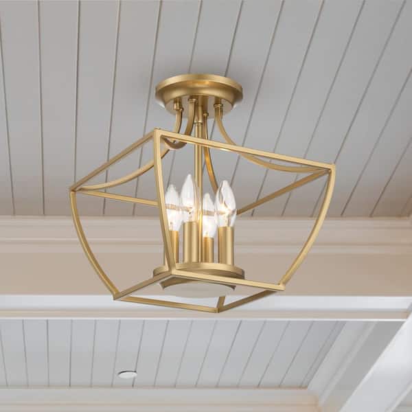Hampton Bay Wethersfield 11 in. 4-Light Vintage Gold Square Cage Semi-Flush Mount Ceiling Light