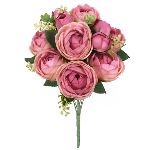 LIVING LUXURY 18 in. Rose Pink Artificial Ranunculus Flower Stem Bush Bouquet (Set of 2)