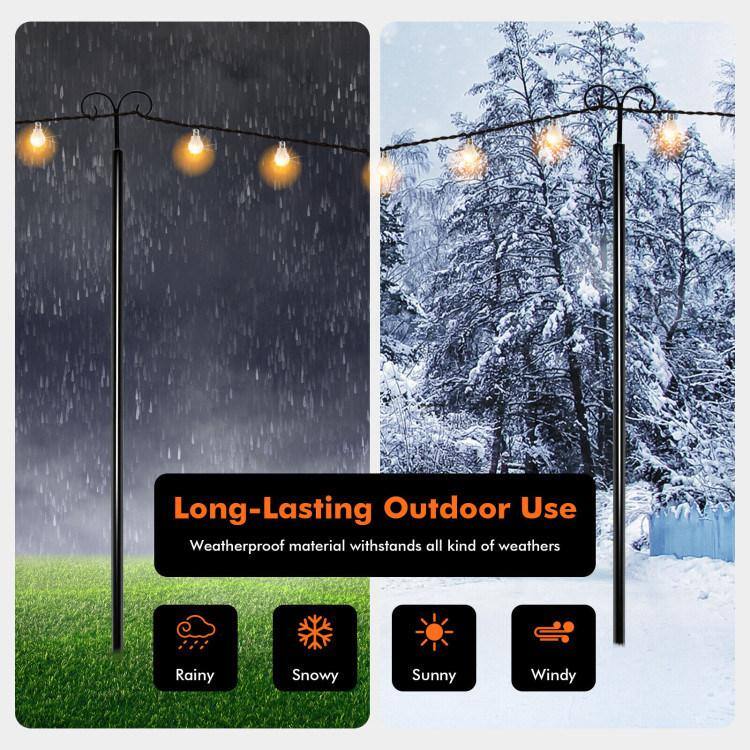 Black Steel Outdoor String Light Poles with Arc Hook and 5-Prong Base - 10 ft