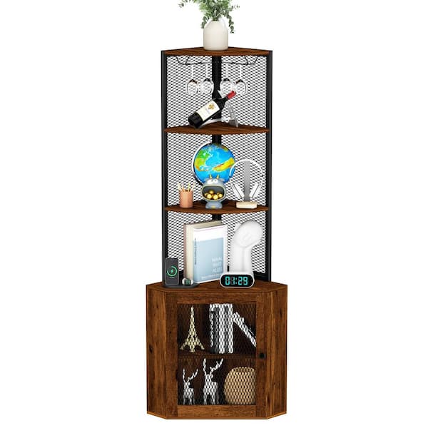 CSC DECOR INC Rustic Brown 65 in. H Corner Cabinet with Shelves Wine Rack 6-Tier Accent Bookshelf Display Shelves Corner Storage Stand