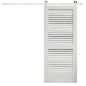 36 in. x 84 in. Plantation Louver 2-Panel Primed Wood Barn Door with Stainless Steel Sliding Door Hardware Kit