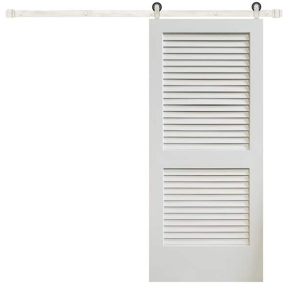 Pacific Entries 36 in. x 84 in. Plantation Louver 2-Panel Primed Wood Barn Door with Stainless Steel Sliding Door Hardware Kit