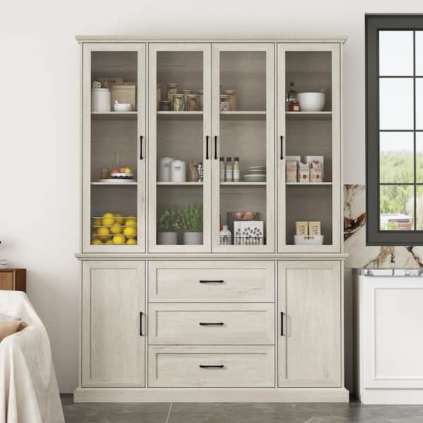 Vintage style Beige Wood Grain Wooden 61 in. W Sideboard, Bookcase, Storage Cabinet with 13 Shelves, 3 Drawers & 6 Doors