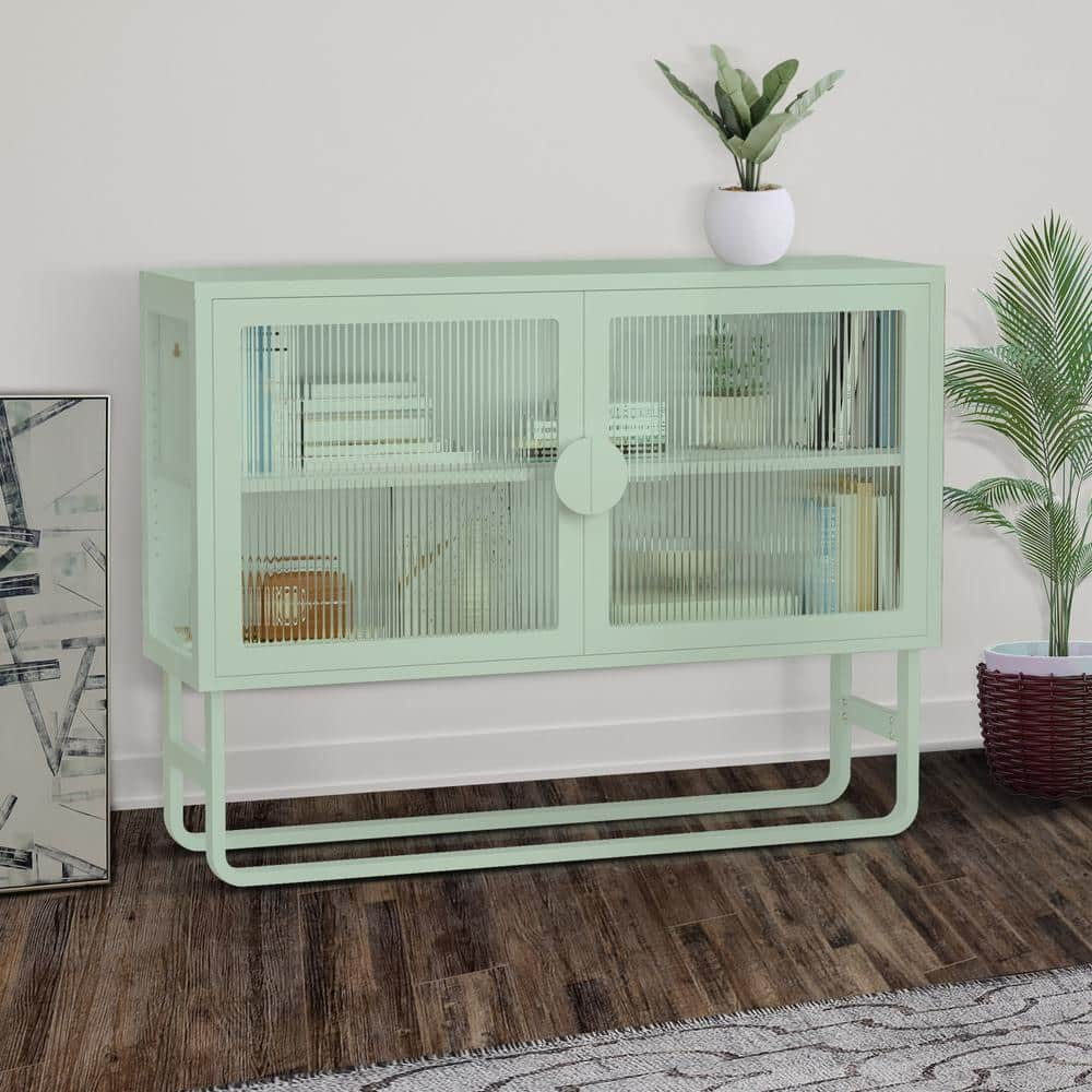 47.24 in. W x 13.58 in. D x 35.43 in. H Green Linen Cabinet Glass Cabinet Credenza 2-Fluted Glass Doors Adjustable Shelf