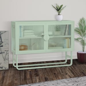 47.24 in. W x 13.58 in. D x 35.43 in. H Green Linen Cabinet Glass Cabinet Credenza 2-Fluted Glass Doors Adjustable Shelf