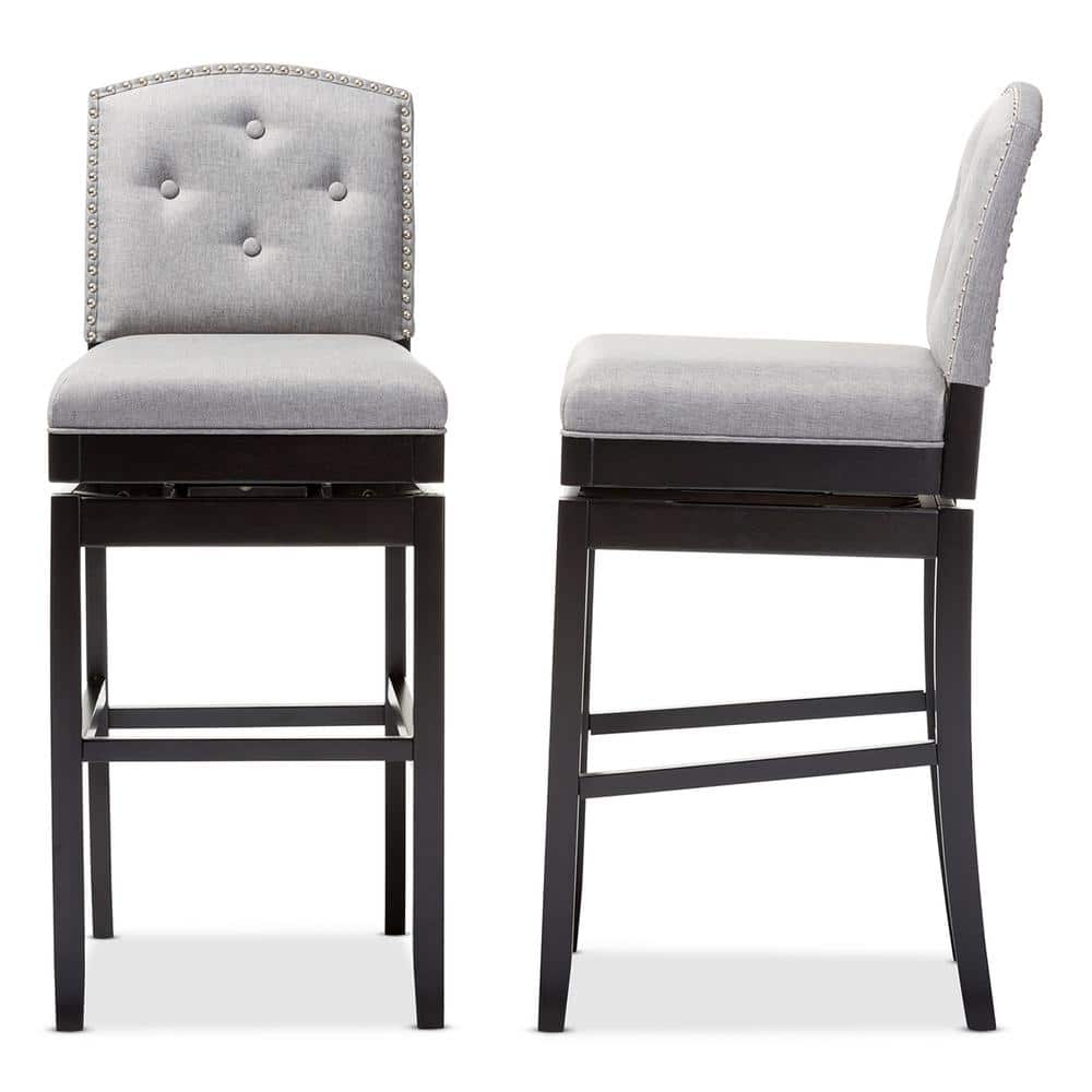 Elegant Gray Fabric Swivel Barstool Set with Button Tufting and Nailhead Trim