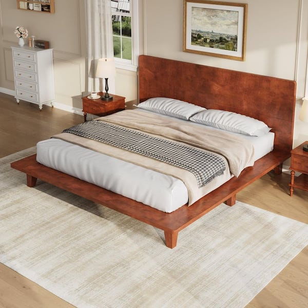 Brown Pine Wood Frame Queen Size Platform Bed with Wooden Slat Support