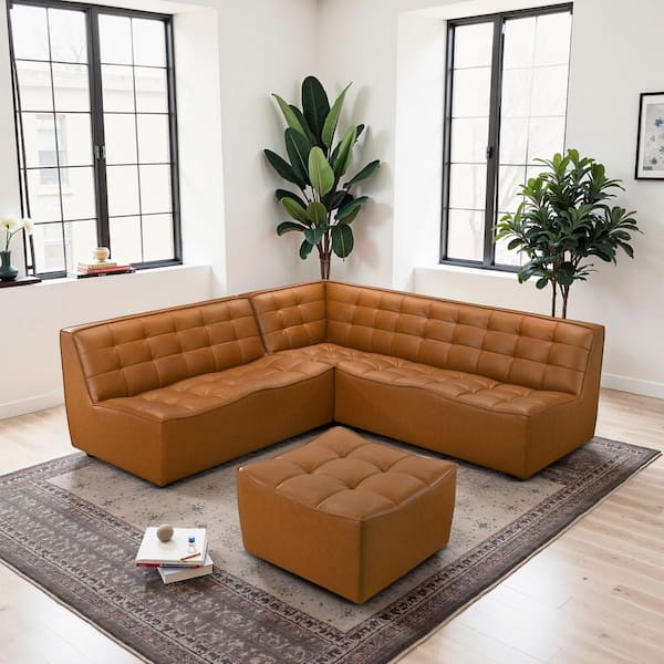 Louvinia 91.5 in. Armless 3-Piece Faux Leather L-Shape Stylish Corner Sectional Sofa and Ottoman in Cognac