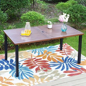 Brown Rectangle Metal Patio Outdoor Dining Table with Umbrella Hole