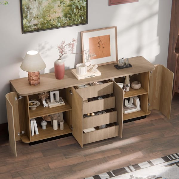 Light Oak Wood Buffet with Rounded Corners, 4-Drawers, Push-Latch Doors and Anti-Tip Kit