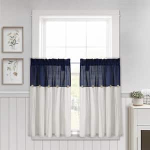 Linen Button Kitchen Tier Window Curtain Panels Navy/White 29X36 Set