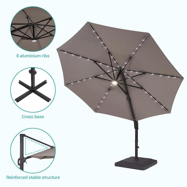 Sonkuki 11 ft. Solar LED Outdoor Round Aluminum Cantilever Umbrellas with Base Stand in Gray