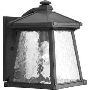 Mac Collection 1-Light Textured Black Water Patterned Glass Craftsman Outdoor Medium Wall Lantern Light