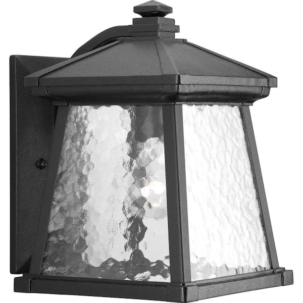 Progress Lighting Mac Collection 1-Light Textured Black Water Patterned Glass Craftsman Outdoor Medium Wall Lantern Light