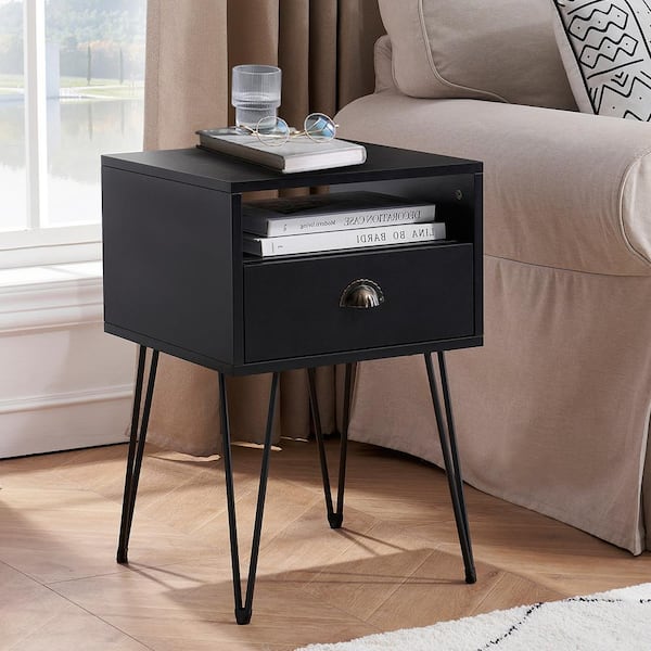 VECELO Nightstand 2-Tier Industrial End Side Table with Open Compartment & 1 Drawer, Black，23.7"Tx15.7"Wx15.7"L