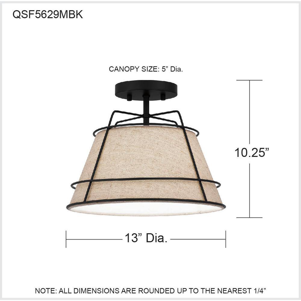 Matte Black and Linen Drum Semi-Flush Mount Light