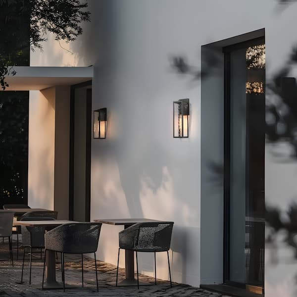 Modern Black 1-Light Outdoor Wall Lantern Rectangle 16.5 in. H Front Door Outdoor Wall Sconce with Textured Glass Shade