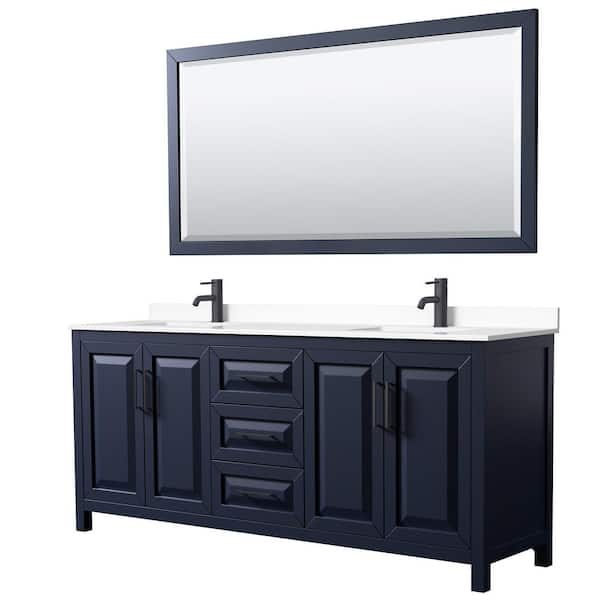 Wyndham Collection Daria 80 in. W x 22 in. D x 35.75 in. H Double Bath Vanity in Dark Blue with White Cultured Marble Top and 70 in. Mirror
