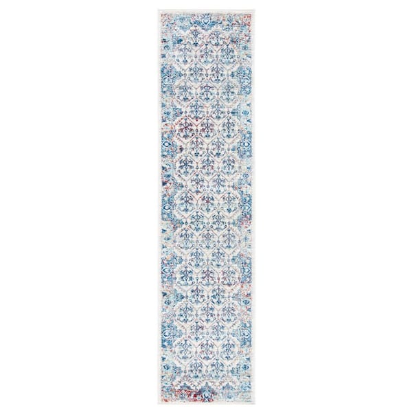 Brentwood 2 ft. x 12 ft. Ivory/Blue Border Multi-Floral Geometric Runner Rug