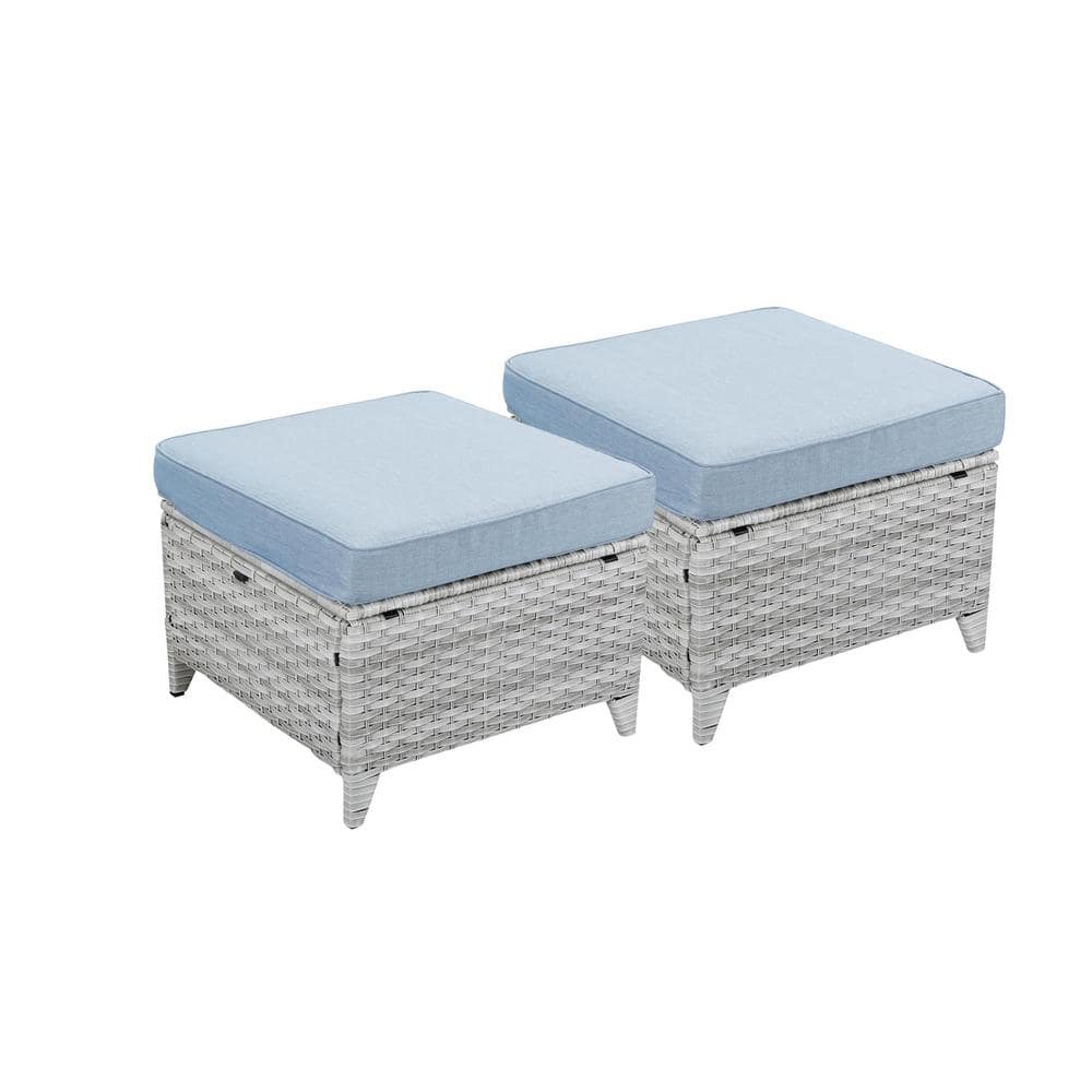 Gymojoy Carolina Light Gray Wicker Outdoor Ottoman with Baby Blue ...