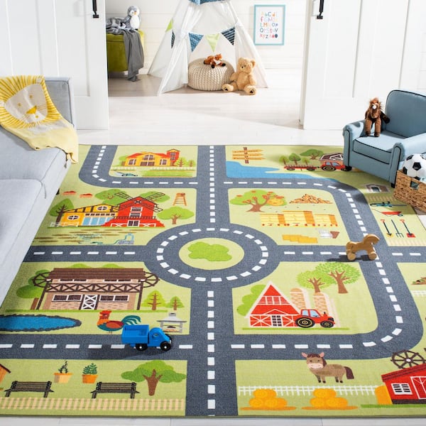 Kids Playhouse 8 ft. x 10 ft. Light Green/Dark Gray Neighborhood Roads Area Rug