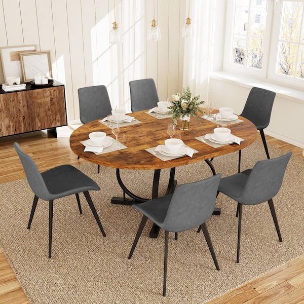 GOJANE 7-Pieces Round Vintage Brown MDF Top Extendable Dining