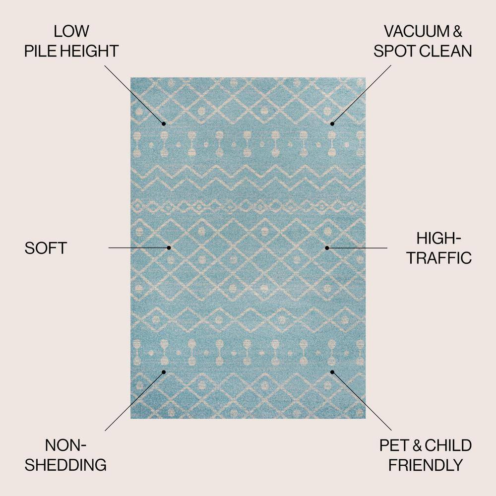 Turquoise and Cream Moroccan Synthetic Area Rug, 5'3" x 7'7"