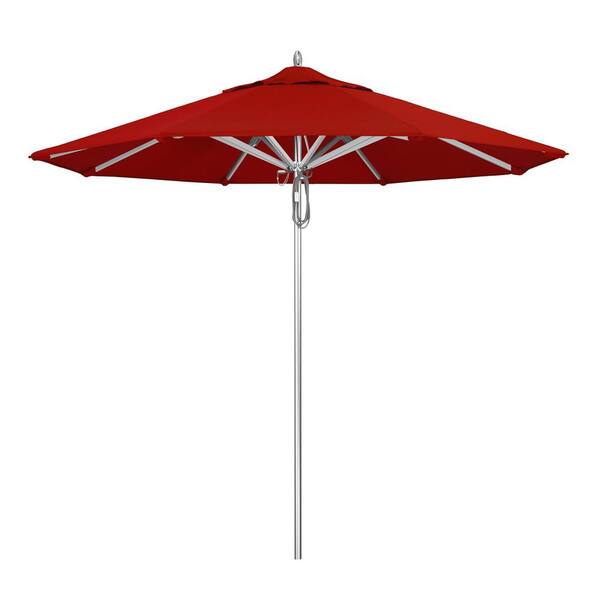 California Umbrella 9 ft. Silver Aluminum Commercial Market Patio Umbrella with Pulley Lift in Red Sunbrella