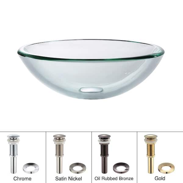 KRAUS 17 in. Glass Vessel Sink in Clear with Pop-Up Drain and Mounting Ring in Oil Rubbed Bronze