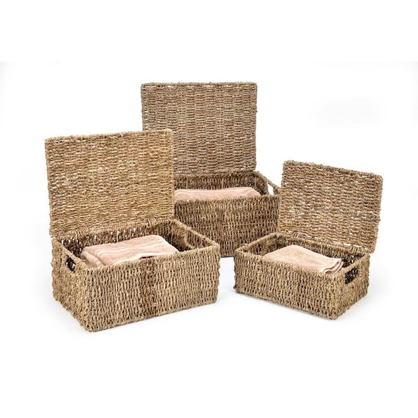 Trademark Innovations 11 in. x 7 in. Rectangular Seagrass Baskets with Lids (3-Set)