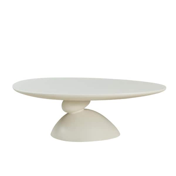 47.24 in. Milk White Oval Fiberglass Coffee Table with Sculptural Lucky Stone Base durable construction