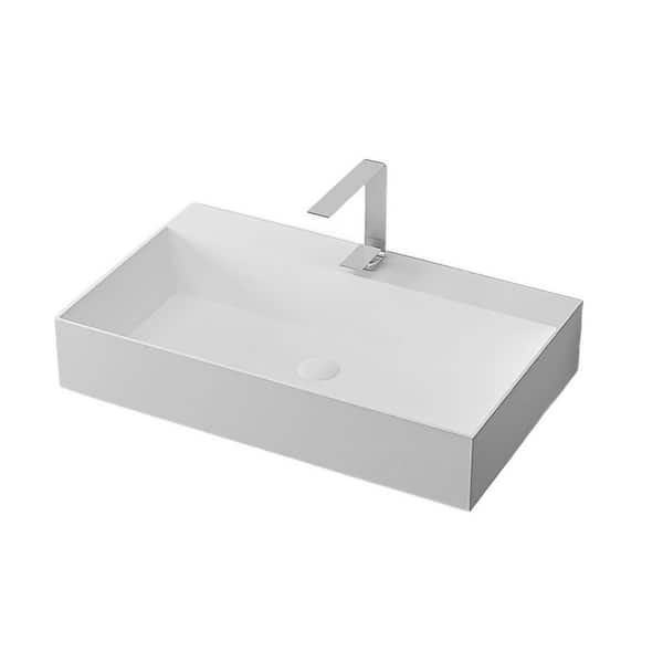 Moray 36 in. Solid Surface Wall Mount Vessel Rectangle Bathroom Sink with Faucet Hole in Matte White