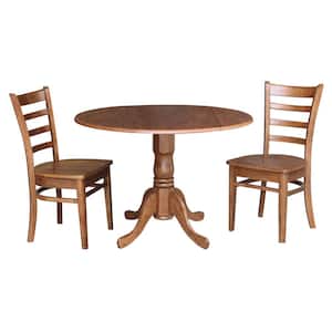 3-Piece Set, Distressed Oak 42 in. Round Drop-Leaf Wood Dining Table with 2-Emily Chairs