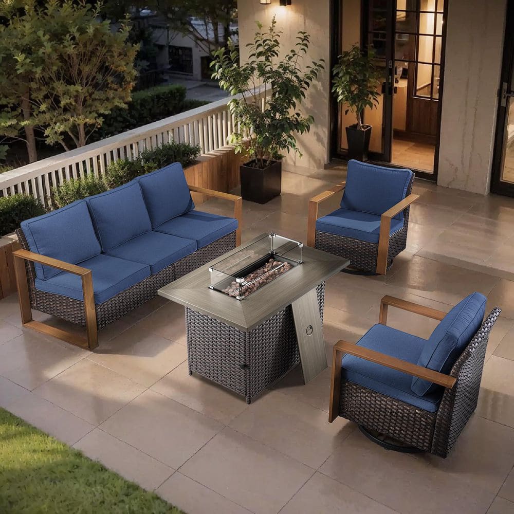 CubeEdge 4-Piece Brown Wicker Fire Pit Conversation Set with Olefin Blue Cushions and Couch/ Patio Swivel Chairs price history on PriceWatchPro