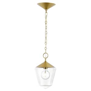 Beau 9 in. 1-Light Brushed Brass Pendant with Clear Glass Shade