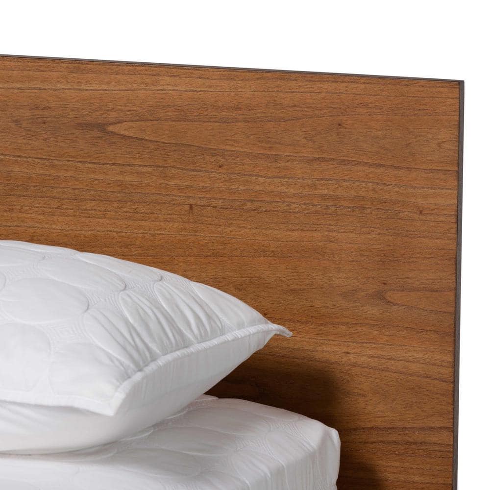 Walnut Brown Wood King Size Platform Bed with Upholstered Headboard