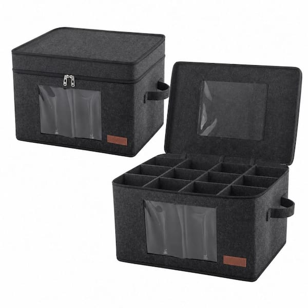 2 Pack Black Stemware Organizer, Wine Glass Storage Box with Dividers, Stemware Storage Container for Packing and Moving