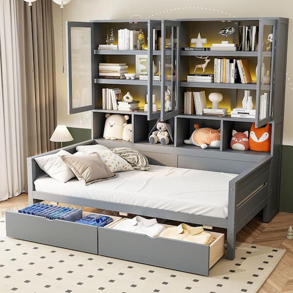 Gray Twin Size Daybed with 2 Drawers, Built-in LED Lighting and Storage Cabinets