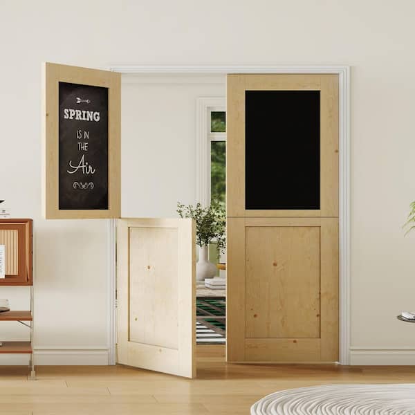 TENONER 64 in. x 80 in. Light Brown, Natural Textured Wood Primed Interior Dutch Door, Half Chalkboard Split Door Slab
