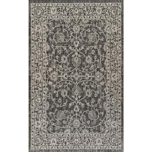 Palazzo Black/Gray 5 ft. Vine and Border Textured Weave Square Indoor/Outdoor Area Rug