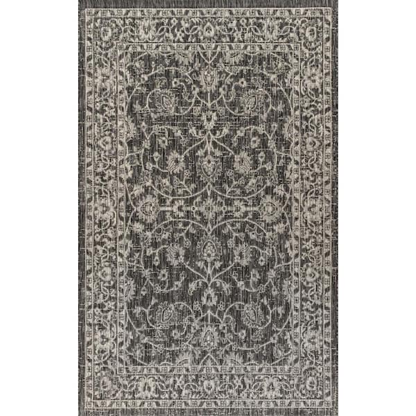 Palazzo Vine and Border Textured Weave Black/Gray 8 ft. x 10 ft. Indoor/Outdoor Area Rug