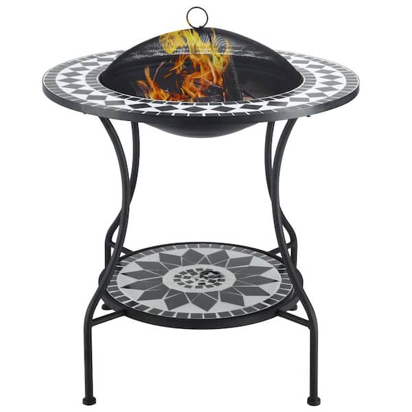 Sungrd 30 in. Outdoor Fire Pit Dining Table, 3-In-1 Round Wood Burning Fire Pit Bowl, Patio Ice Bucket with Storage Shelf